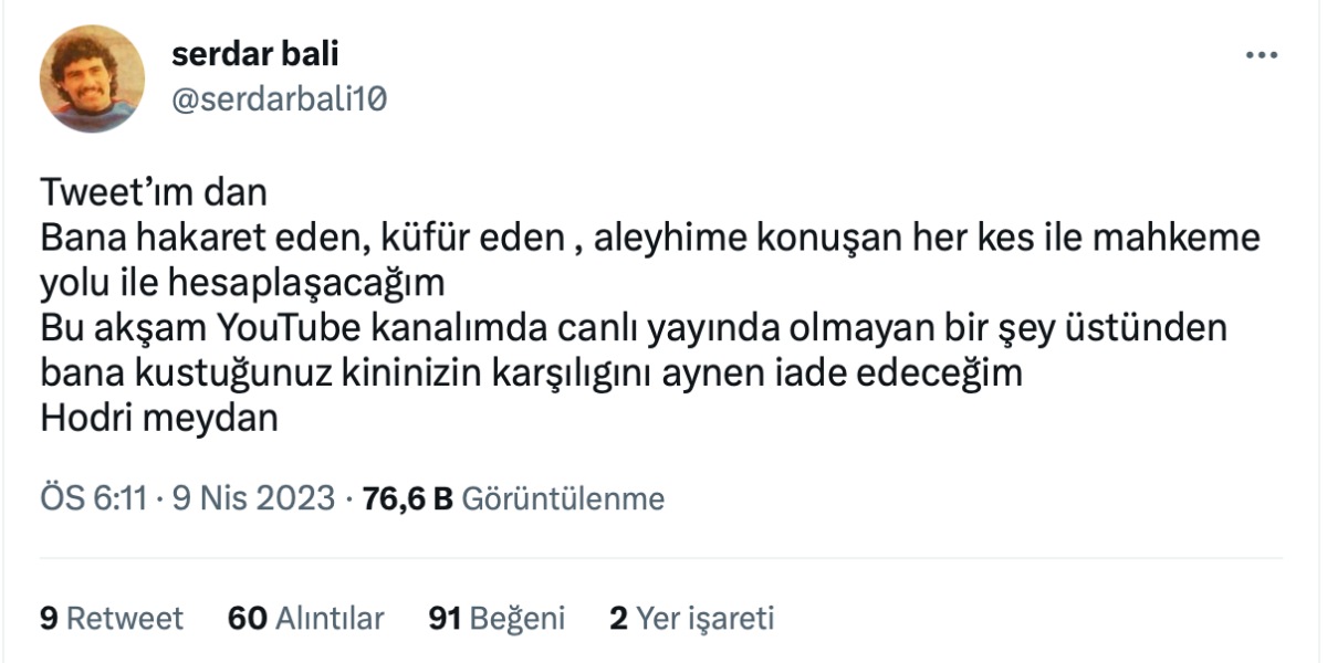 Serdar Bali twitter paylaşımı